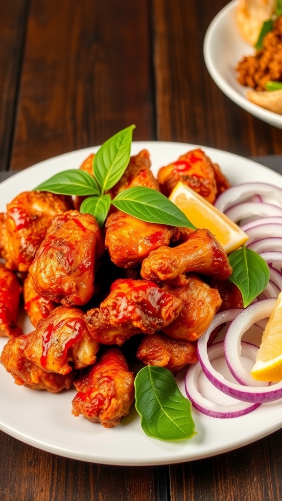 A vibrant plate of Chicken 65, garnished with curry leaves and served with onions and lemon.
